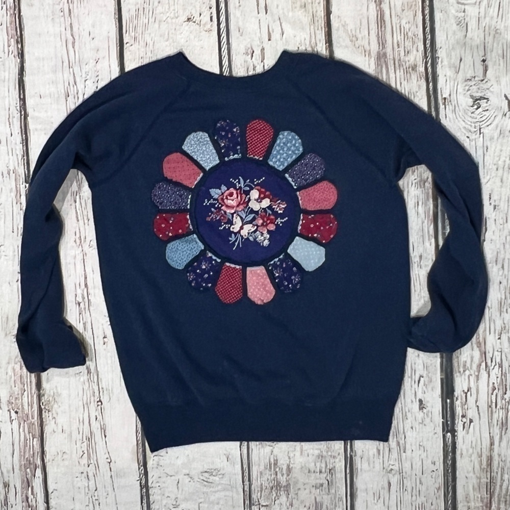 Vintage 1980s Floral Flower Blue Stitched Crewneck 80s Pullover Sweatshirt